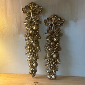 Vintage Syroco Wood Gold Wall Plaques Ornate Fruit & Ribbon Swag Pair